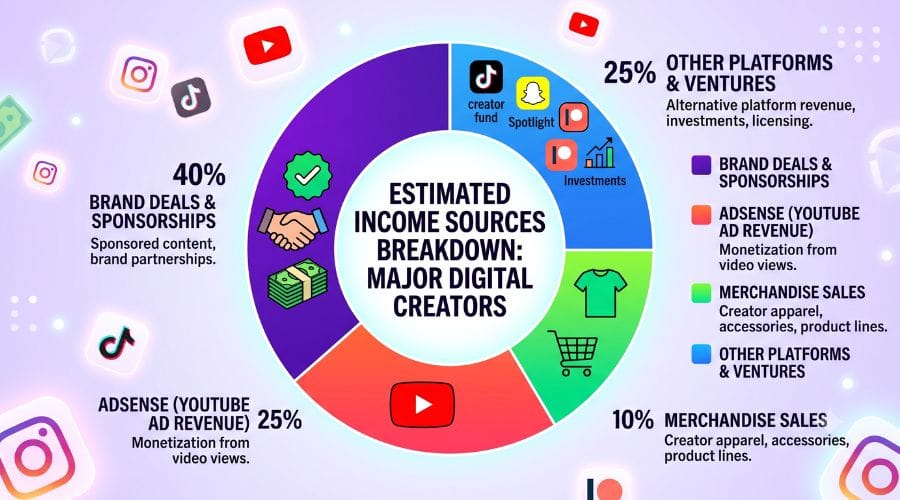A chart breaking down the estimated percentage of income sources for major digital creators