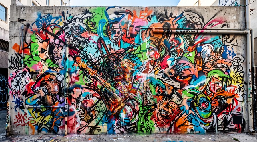 A colorful chaotic mural typical of David Choe's street art style painted on a concrete wall