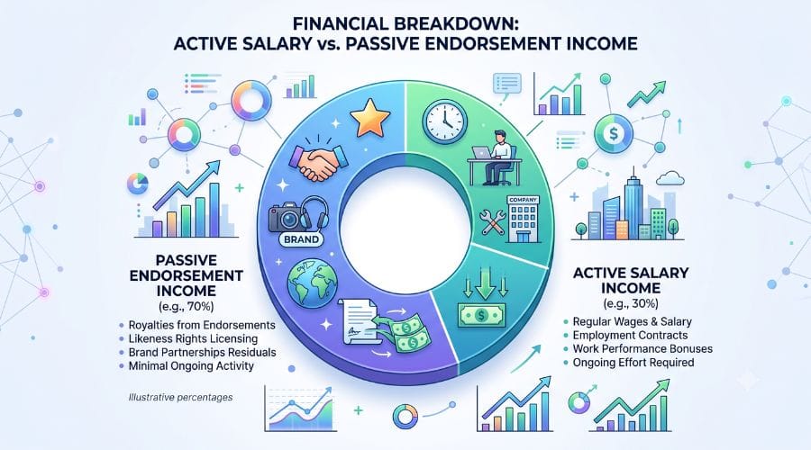 A financial chart demonstrating the split between active salary and passive endorsement income