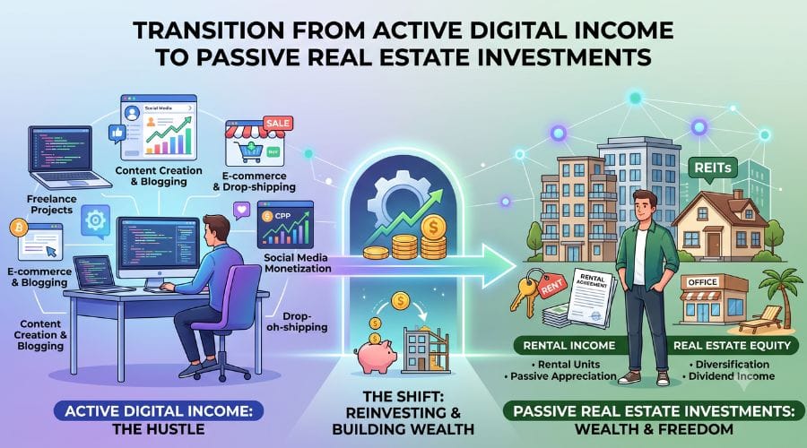 A graphical representation showing the transition from active digital income to passive real estate investments