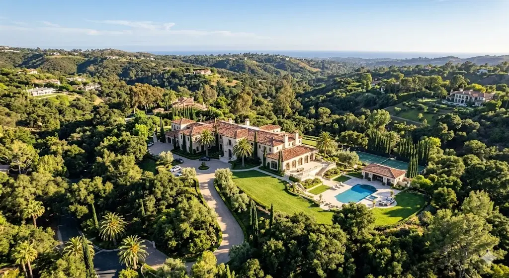 A sprawling luxury estate in Southern California surrounded by trees