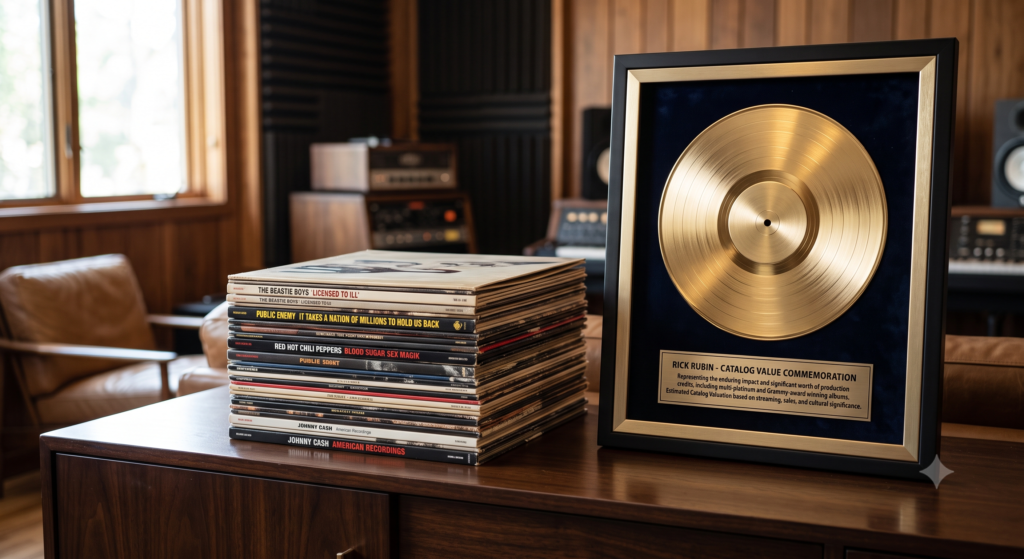 A stack of vinyl records and a gold plaque demonstrating catalog value