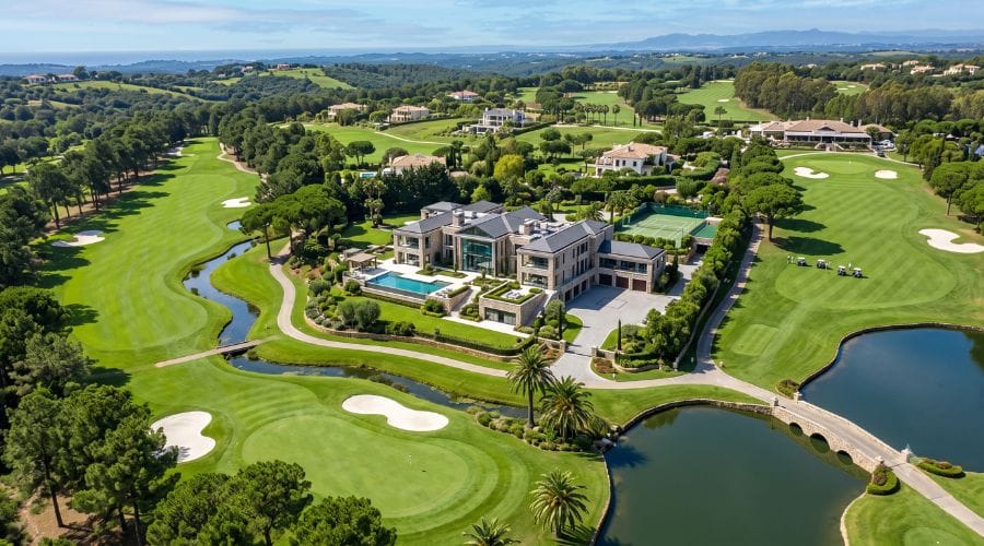 Aerial view of a luxury real estate property on a green golf course