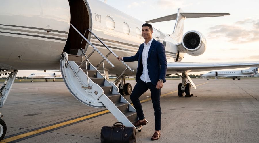Cristiano Ronaldo standing near a private jet representing his massive wealth and international mobility