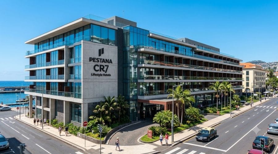 Exterior view of a modern Pestana CR7 hotel showcasing the real estate business empire