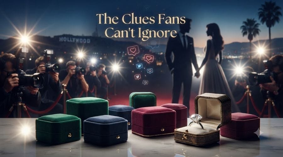 A diamond ring box rests on a marble surface, with paparazzi flashes and a celebrity couple in the background, and text reading "The Clues Fans Can't Ignore".