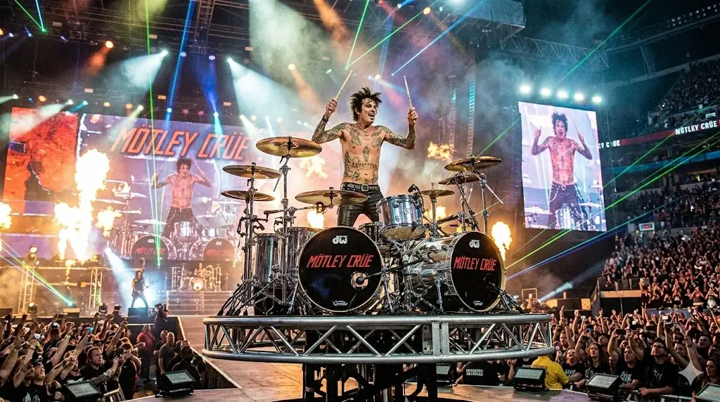 Tommy Lee performing on a drum kit during a live stadium concert