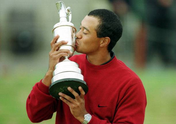 Tiger Woods of the USA with the trophy after winning the British Open Golf Championships at the Old Course, St Andrews, Scotland.  