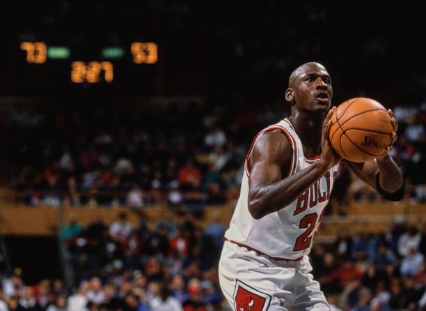 Michael Jordan #23, Shooting Guard and Small Forward for the Chicago Bulls prepares to make a free throw shot during the NBA Central Division basketball game against the Sacramento Kings on 15th February 1993 at the Chicago Stadium in Chicago, Illinois, United States. The Chicago Bulls won the game 119 - 101. 