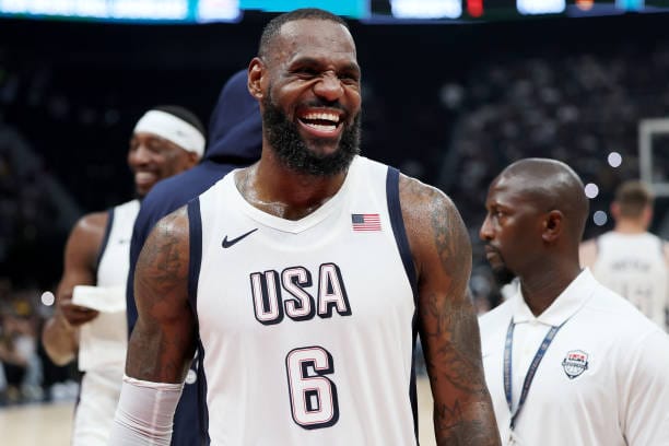  LeBron James #6 of the United States reacts during after an exhibition game between the United States and Serbia ahead of the Paris Olympic Games at Etihad Arena on July 17, 2024 in Abu Dhabi, United Arab Emirates.