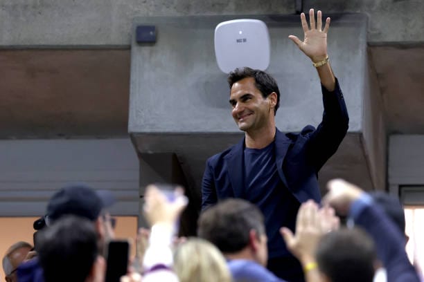 Roger Federer is recognized during the Women's Singles Quarterfinal match between Zheng Qinwen of China and Aryna Sabalenka of Belarus on Day Nine of the 2024 US Open at USTA Billie Jean King National Tennis Center on September 03, 2024 in the Flushing neighborhood of the Queens borough of New York City. 