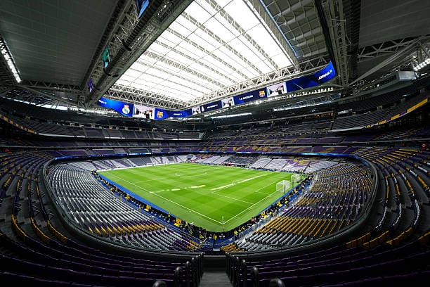 MADRID, SPAIN - OCTOBER 26: A general view of the inside of the stadium prior to the LaLiga EA Sports match between Real Madrid CF and FC Barcelona at Estadio Santiago Bernabeu on October 26, 2025 in Madrid, Spain.