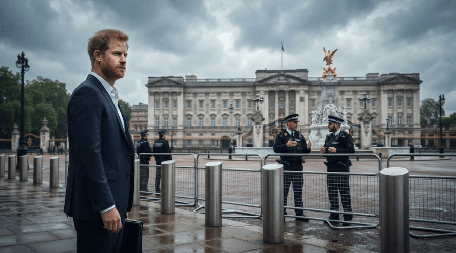 Prince Harry stands in a suit outside Buckingham Palace on a cloudy day, with two UK police officers and metal barriers between him and the gates.