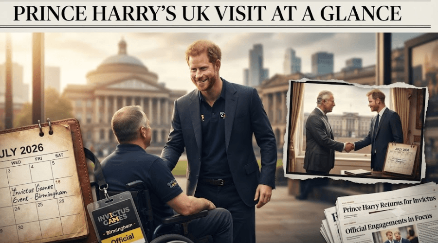 Prince Harry stands with a veteran at an Invictus Games event, with a calendar marked July 2026 and related news clippings nearby.