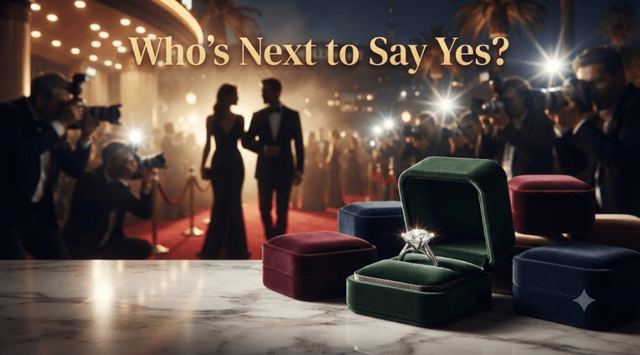 A diamond engagement ring in a velvet box is featured on a marble counter, with a celebrity couple and paparazzi in the background. Text reads "Who's Next to Say Yes?".