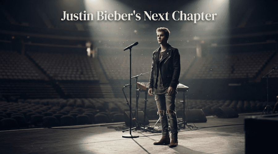 Justin Bieber on an empty arena stage with text overlay: "Justin Bieber's Next Chapter